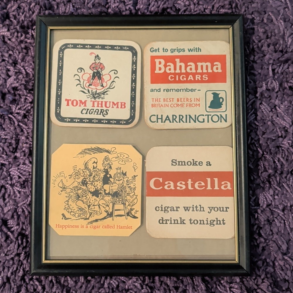 Vintage Cigar Coaster Set Framed - Hamlet Tom Thumb Castella Bahama
